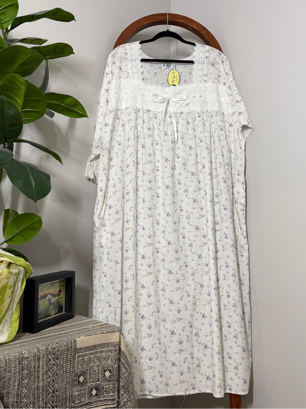 The 1 For U 3X White Purple Floral 100% Cotton Long Sleeve Nightgown NEW